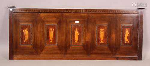 An Edwardian mahogany panel, marquetry inlaid with five rese...