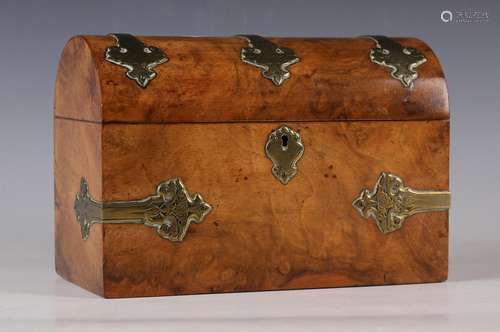 A late Victorian burr walnut letter casket with brass strapw...