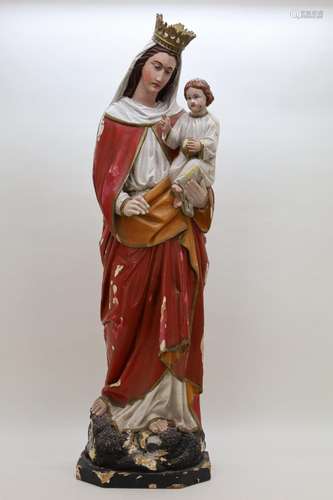 Gepolychromeerde houtsculptuur van Madonna met Jezus - Hoogt...