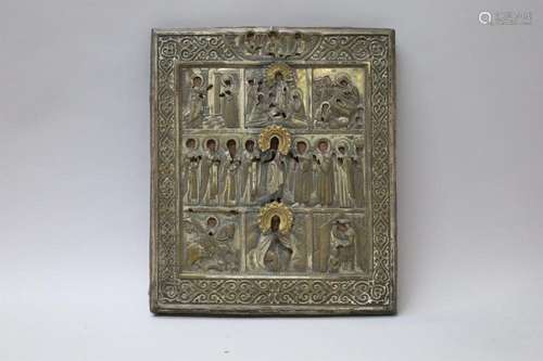 Russische orthodoxe ikoon met rizza, zevenledig - 31 x 27