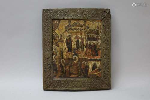 Russische orthodoxe ikoon met geanimeerd tafereel 31 x 27