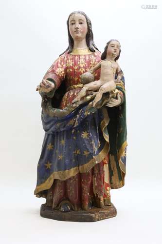 Gepolychromeerde houtsculptuur van Madonna met kind met glaz...