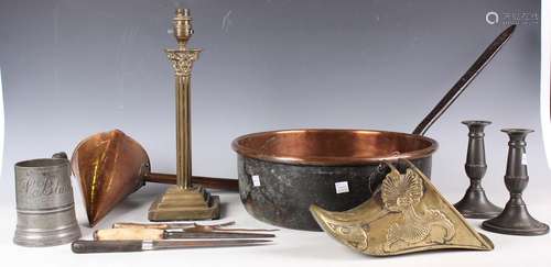 A quantity of metalware, including an 18th century copper pr...