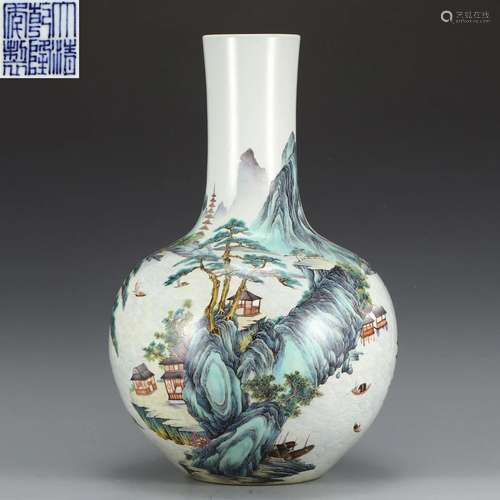 A Famille Rose Landscape Globular Vase