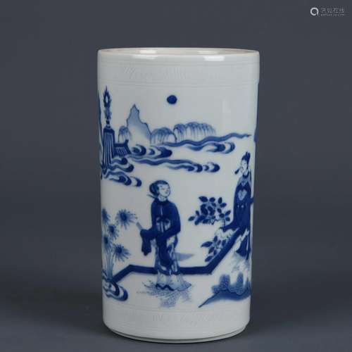 A Blue and White Figural Story Brushpot