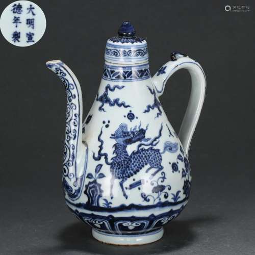 A Blue and White Kylin Ewer