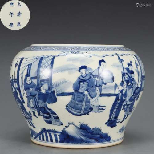 A Blue and White Figural Story Jar