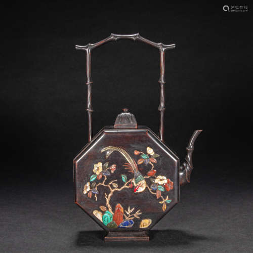 CHINESE ROSEWOOD INLAID WITH MULTI-TREASURE TEAPOT, QING DYN...