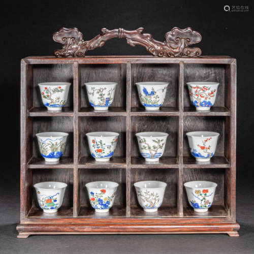 A SET OF CHINESE FLOWER GOD CUPS, QING DYNASTY