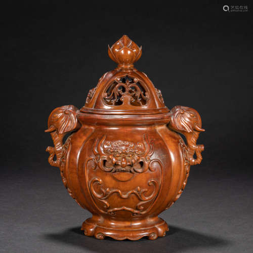 CHINESE BOXWOOD CARVING INCENSE BURNER, QING DYNASTY