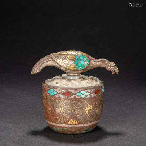 CHINESE BRONZE BIRD INLAID WITH GOLD, HAN DYNASTY