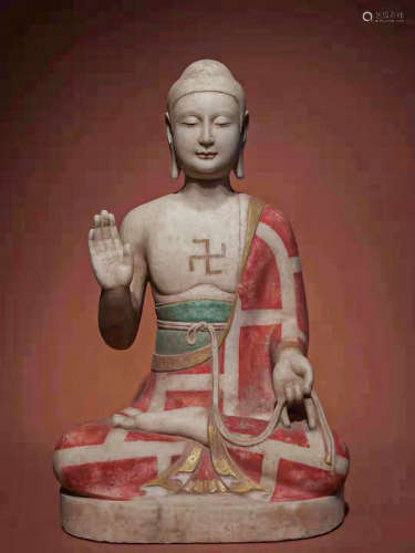 CHINESE WHITE MARBLE PAINTED BUDDHA STATUE, NORTHERN QI