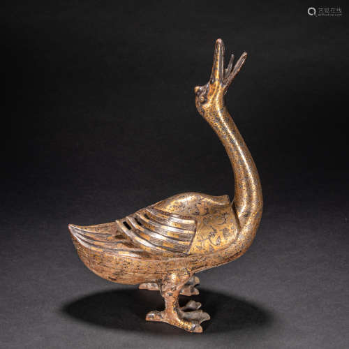CHINESE BRONZE DUCK INLAID WITH GOLD, HAN DYNASTY