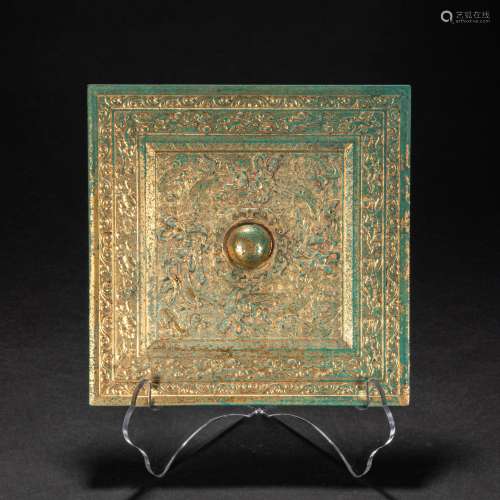 CHINESE BRONZE GILDED MIRROR, TANG DYNASTY
