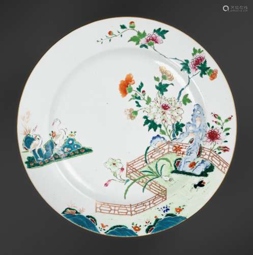 A LARGE FAMILLE ROSE ‘CRANES AND PEONY’ DISH, QIANLONG PERIO...