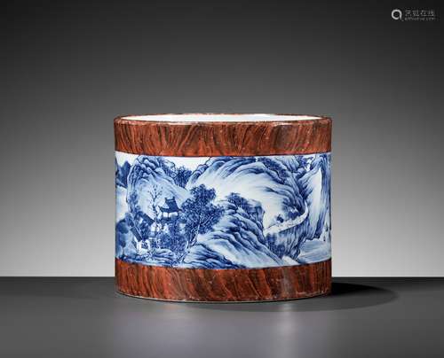 A FAUX-BOIS DECORATED ‘LANDSCAPE’ BRUSH POT, LATE QING TO RE...