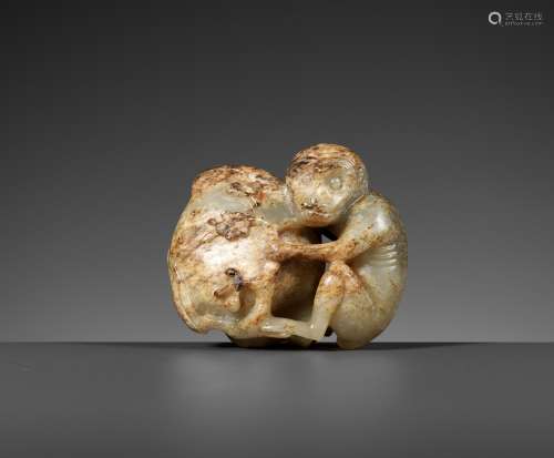 A MOTTLED PALE CELADON JADE ‘MONKEY AND PEACH’ FIGURE, 17TH ...