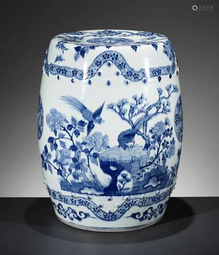 A BLUE AND WHITE GARDEN STOOL, QING DYNASTY