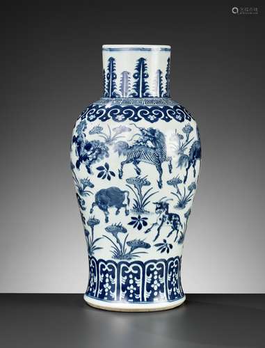 A BLUE AND WHITE ‘TWELVE MYTHICAL BEASTS’ VASE, QING DYNASTY