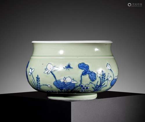 A BLUE AND WHITE CELADON-GROUND ‘LOTUS POND’ CENSER, KANGXI ...