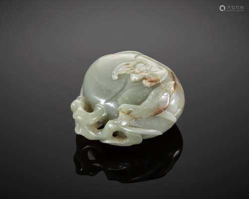 A DEEP CELADON AND RUSSET JADE ‘PEACH AND BAT’ GROUP, EARLY ...