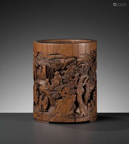 A BAMBOO ‘SCHOLARS’ BRUSHPOT, BITONG, BY SHEN DASHENG