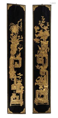 A PAIR OF GILT-LACQUERED ‘ANTIQUE TREASURES’ WOOD PANELS, QI...