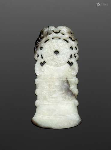 A BLACK AND WHITE JADE ‘ARCHAISTIC’ AXE-FORM OPENWORK PENDAN...