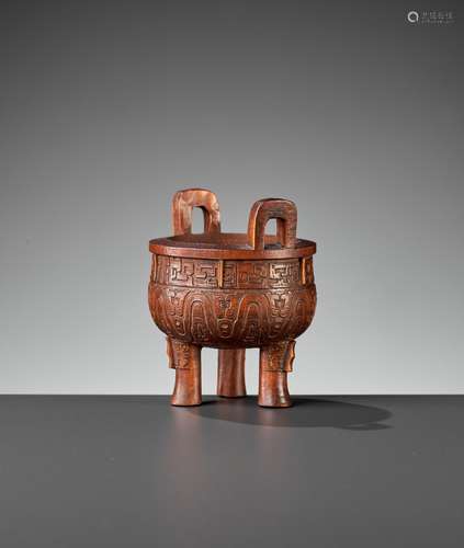 A BAMBOO ‘ARCHAISTIC’ MINIATURE TRIPOD CENSER, QING DYNASTY