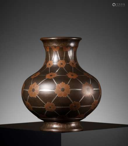 A COPPER AND SILVER-INLAID BRONZE ‘FLORAL’ VASE, ATTRIBUTED ...