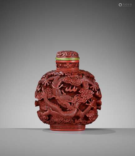 A LARGE CINNABAR LACQUER ‘DRAGON’ SNUFF BOTTLE, 1820-1900