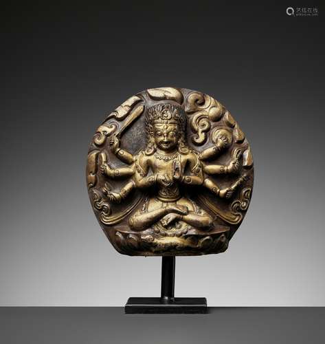 A GILT COPPER-REPOUSSÉ PLAQUE OF A DEITY, 18TH CENTURY