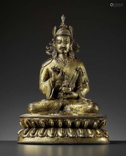 A LARGE GILT-BRONZE FIGURE OF PADMASAMBHAVA, LATE QING TO RE...