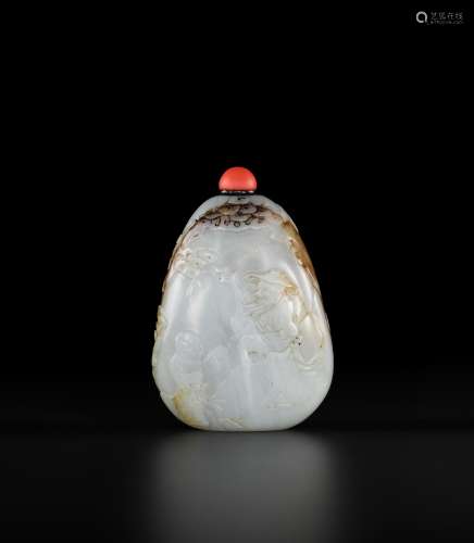 A PALE CELADON JADE SNUFF BOTTLE CARVED WITH A POEM, MID-QIN...