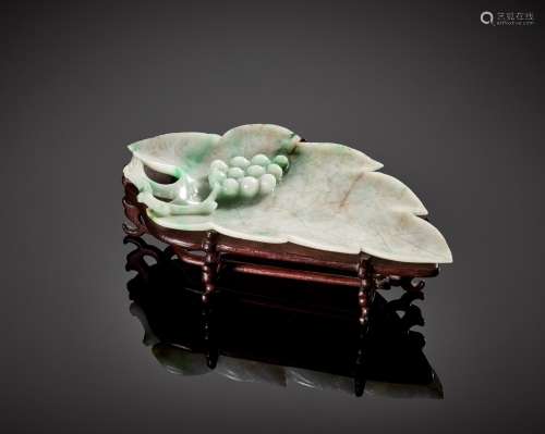 A JADEITE ‘LEAF AND GRAPES’ BRUSH WASHER, LATE QING TO REPUB...
