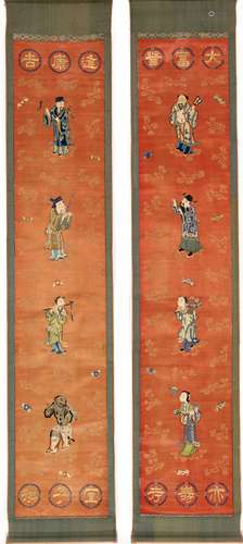 A PAIR OF SILK BROCADE ‘EIGHT IMMORTALS’ SCROLLS, QING DYNAS...