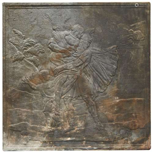 128- Plaque de cheminée à décor en semi-relief de scène myth...