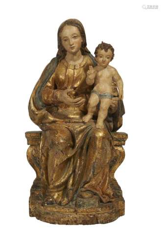 240-Vierge à l'enfant bénissant en bois sculpté polychro...