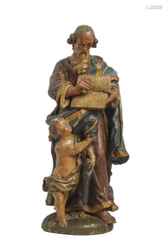 256-Sculpture en bois polychrome figurant un saint personnag...