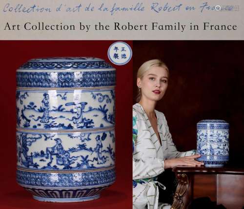 A BLue and White Figural Story Box with Cover