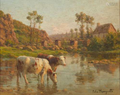 354-Félix PLANQUETTE (1873-1964)
Vaches à la mare sur fond d...