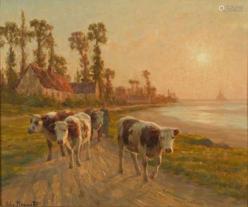 357-Félix PLANQUETTE (1873-1964)
Vaches au lever du jour 
Hu...