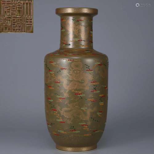 A Tea-dust Glazed and Gilt Mallet Vase Qing Dyn.