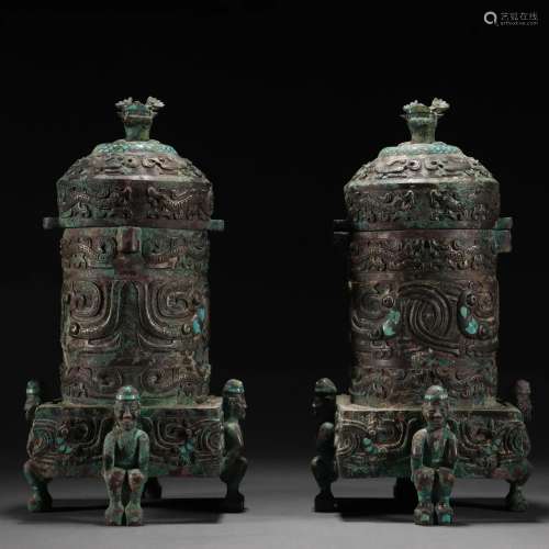 Pair Archaic Bronze Wine Vessels