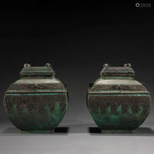Pair Archaic Form Bronze Wine Vessel Lei