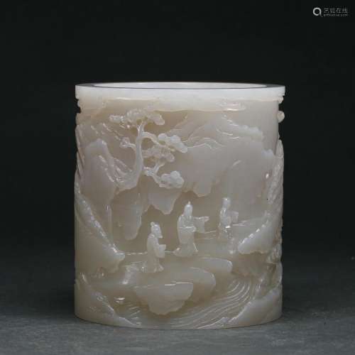 A Carved White Jade Brushpot