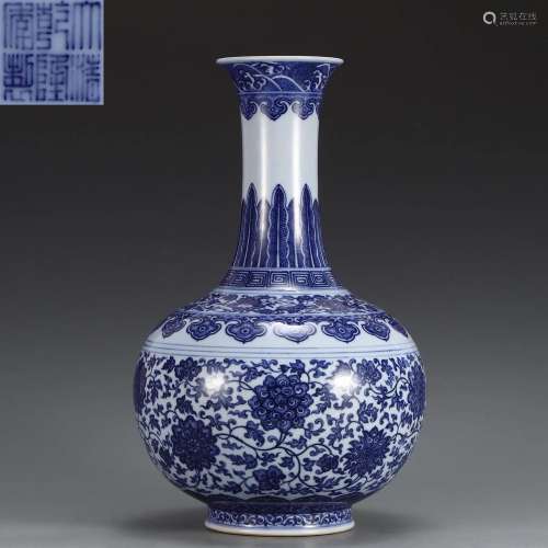 A Blue and White Lotus Scrolls Bottle Vase