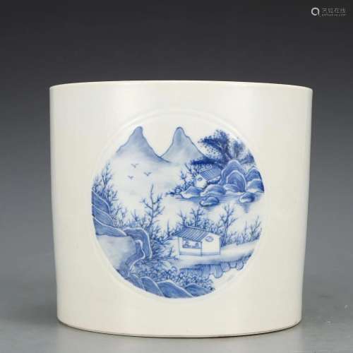 A Blue and White Landscape Brushpot
