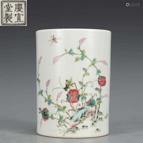 A Famille Verte Floral and Birds Brushpot