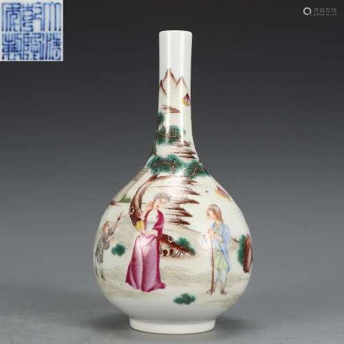 A Famille Rose Floral Story Bottle Vase